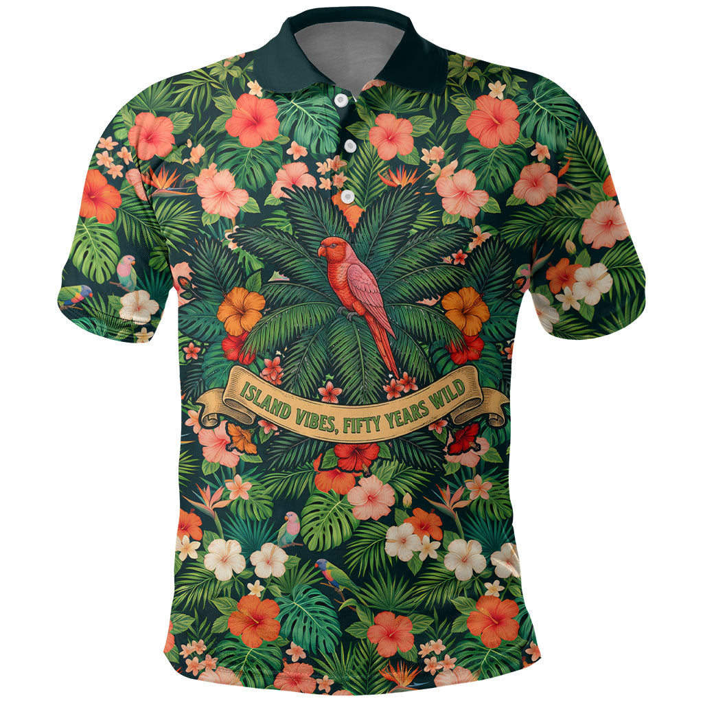 Hawaii 50th Birthday Polo Shirt Tropical Vintage Floral Hibiscus Parrot Island Sunset Art