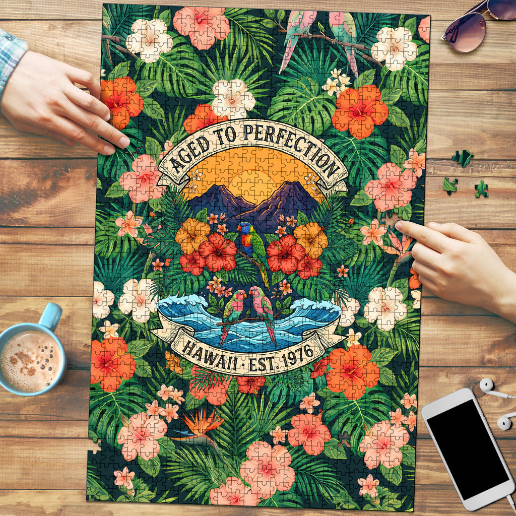 Hawaii 50th Birthday Puzzle Tropical Vintage Floral Hibiscus Parrot Island Sunset Art TS04 Green Pink - Polynesian Pride