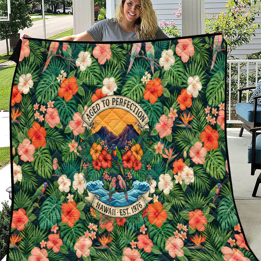 Hawaii 50th Birthday Quilt Tropical Vintage Floral Hibiscus Parrot Island Sunset Art TS04 Green Pink - Polynesian Pride