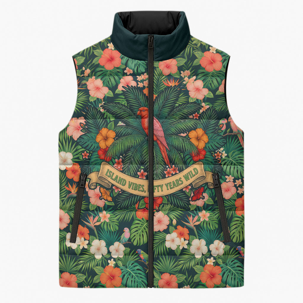 Hawaii 50th Birthday Sleeveless Puffer Jacket Tropical Vintage Floral Hibiscus Parrot Island Sunset Art TS04 Unisex Green Pink - Polynesian Pride