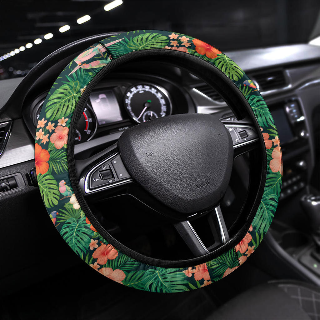 Hawaii 50th Birthday Steering Wheel Cover Tropical Vintage Floral Hibiscus Parrot Island Sunset Art TS04 Universal Fit Green Pink - Polynesian Pride