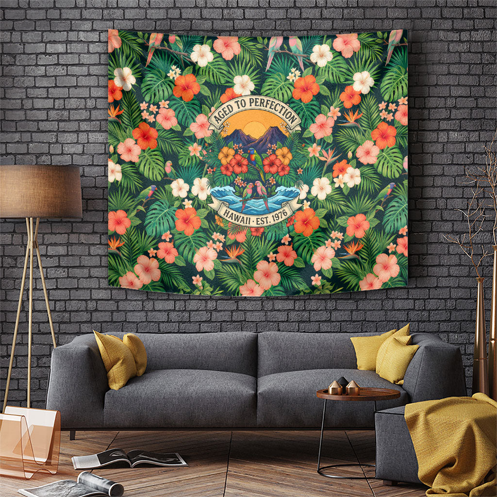 Hawaii 50th Birthday Tapestry Tropical Vintage Floral Hibiscus Parrot Island Sunset Art TS04 Green Pink - Polynesian Pride