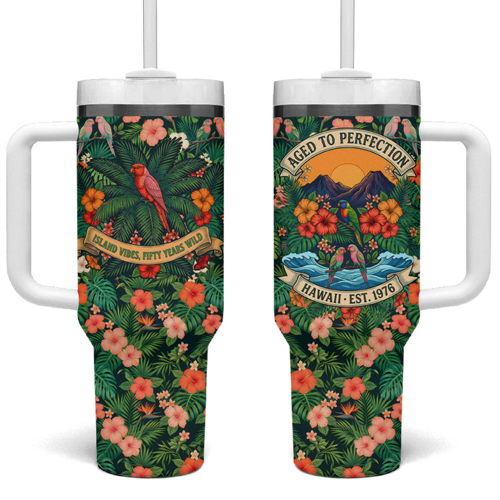 Hawaii 50th Birthday Tumbler With Handle Tropical Vintage Floral Hibiscus Parrot Island Sunset Art TS04 One Size: 40 oz Green Pink - Polynesian Pride