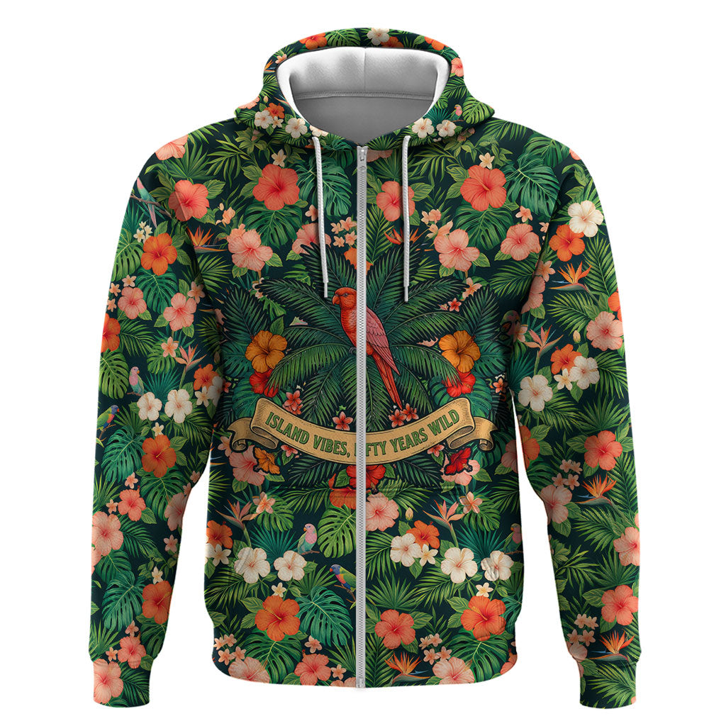 Hawaii 50th Birthday Zip Hoodie Tropical Vintage Floral Hibiscus Parrot Island Sunset Art TS04 Zip Hoodie Green Pink - Polynesian Pride