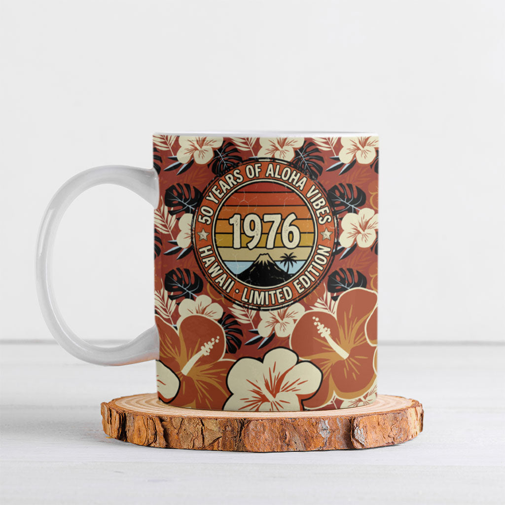 Hawaii 50th Birthday Ceramic Mug Vintage 1976 Limited Edition Floral Surfboard Aloha Vibes TS04 Orange Brown - Polynesian Pride