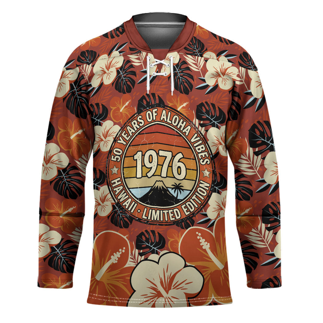Hawaii 50th Birthday Hockey Jersey Vintage 1976 Limited Edition Floral Surfboard Aloha Vibes TS04 Unisex Orange Brown - Polynesian Pride