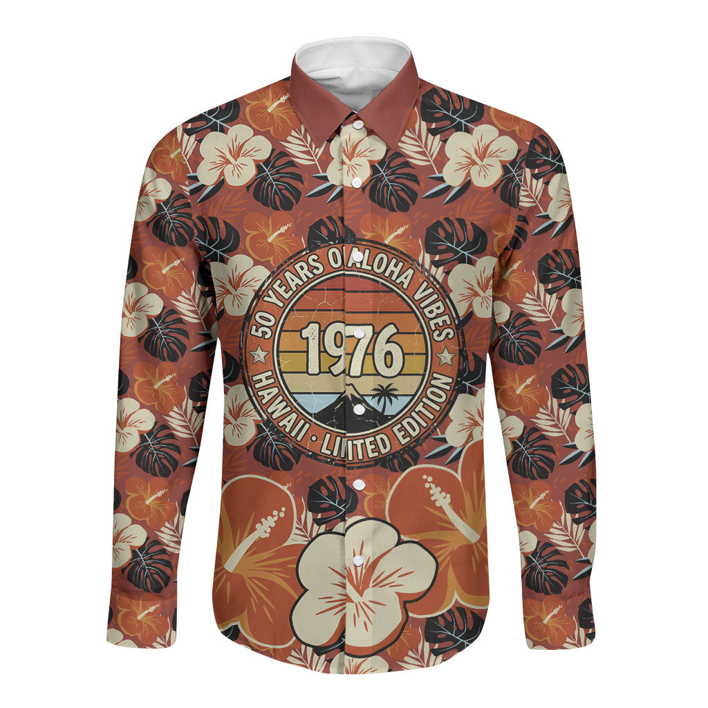 Hawaii 50th Birthday Long Sleeve Button Shirt Vintage 1976 Limited Edition Floral Surfboard Aloha Vibes TS04 Unisex Orange Brown - Polynesian Pride
