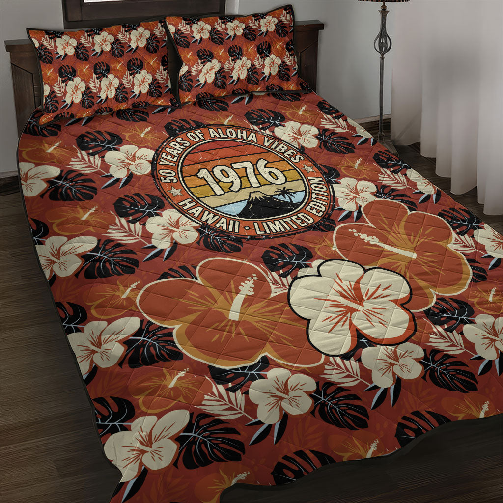 Hawaii 50th Birthday Quilt Bed Set Vintage 1976 Limited Edition Floral Surfboard Aloha Vibes TS04 Orange Brown - Polynesian Pride