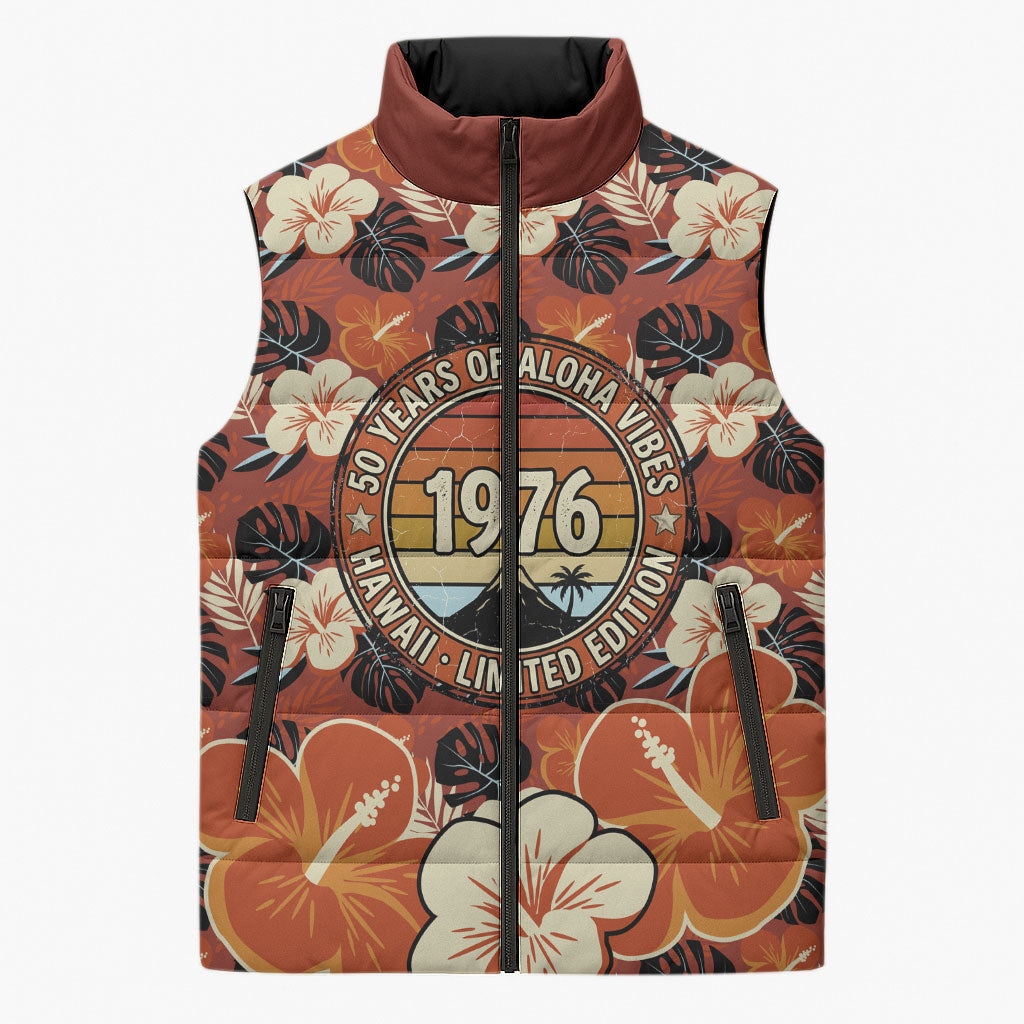Hawaii 50th Birthday Sleeveless Puffer Jacket Vintage 1976 Limited Edition Floral Surfboard Aloha Vibes TS04 Unisex Orange Brown - Polynesian Pride