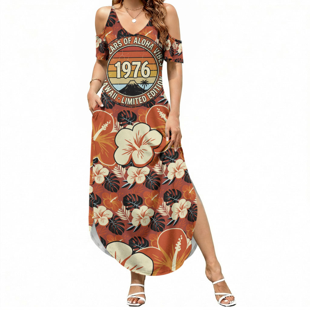Hawaii 50th Birthday Summer Maxi Dress Vintage 1976 Limited Edition Floral Surfboard Aloha Vibes TS04 Women Orange Brown - Polynesian Pride