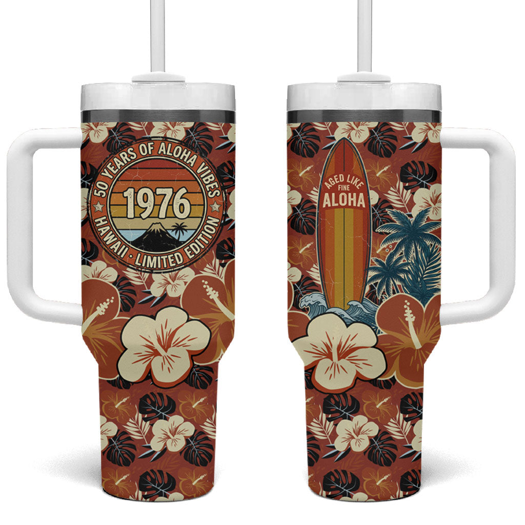 Hawaii 50th Birthday Tumbler With Handle Vintage 1976 Limited Edition Floral Surfboard Aloha Vibes TS04 One Size: 40 oz Orange Brown - Polynesian Pride