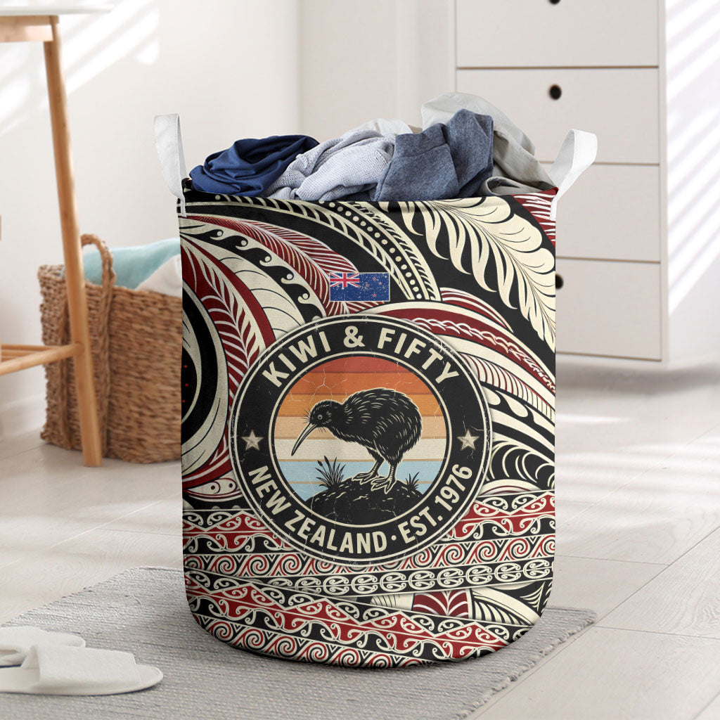 New Zealand 50th Birthday Kiwi Laundry Basket Vintage Est 1976 Kiwi Sunset Maori TS04 Red Beige - Polynesian Pride