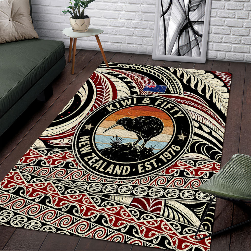 New Zealand 50th Birthday Kiwi Area Rug Vintage Est 1976 Kiwi Sunset Maori TS04 Red Beige - Polynesian Pride