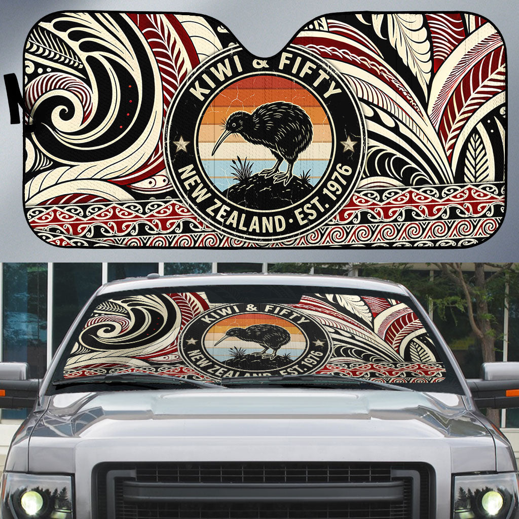 New Zealand 50th Birthday Kiwi Auto Sun Shade Vintage Est 1976 Kiwi Sunset Maori TS04 Red Beige - Polynesian Pride