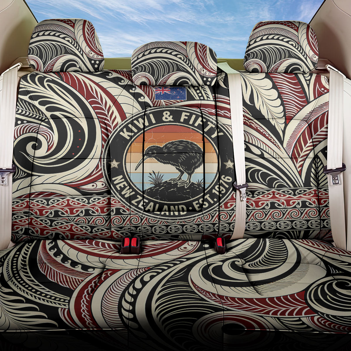 New Zealand 50th Birthday Kiwi Back Car Seat Cover Vintage Est 1976 Kiwi Sunset Maori TS04 One Size Red Beige - Polynesian Pride