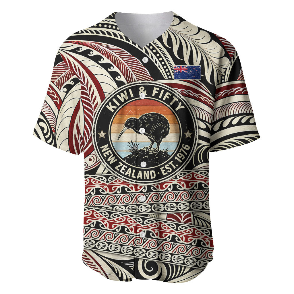 New Zealand 50th Birthday Kiwi Baseball Jersey Vintage Est 1976 Kiwi Sunset Maori TS04 Red Beige - Polynesian Pride