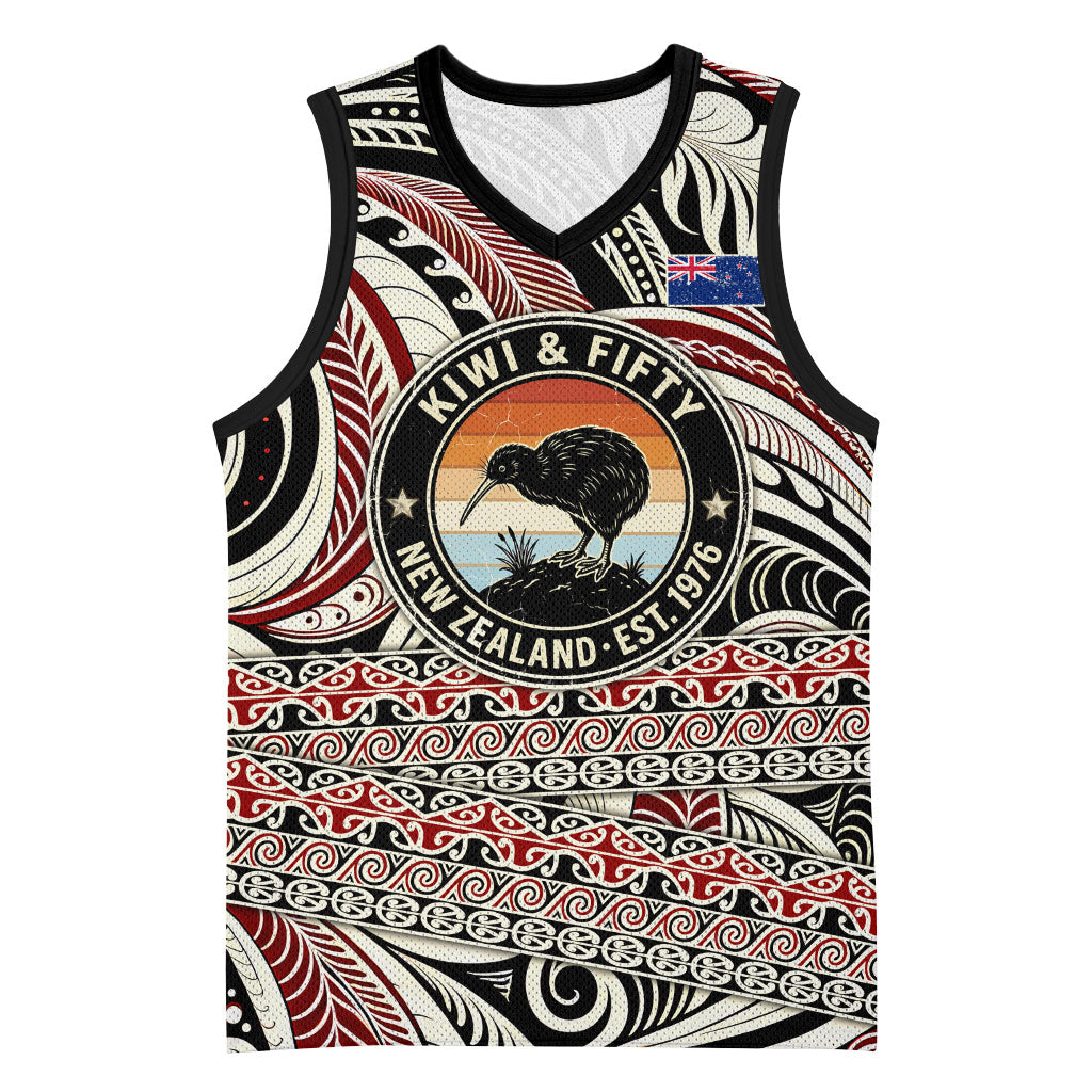 New Zealand 50th Birthday Kiwi Basketball Jersey Vintage Est 1976 Kiwi Sunset Maori TS04 Unisex Red Beige - Polynesian Pride