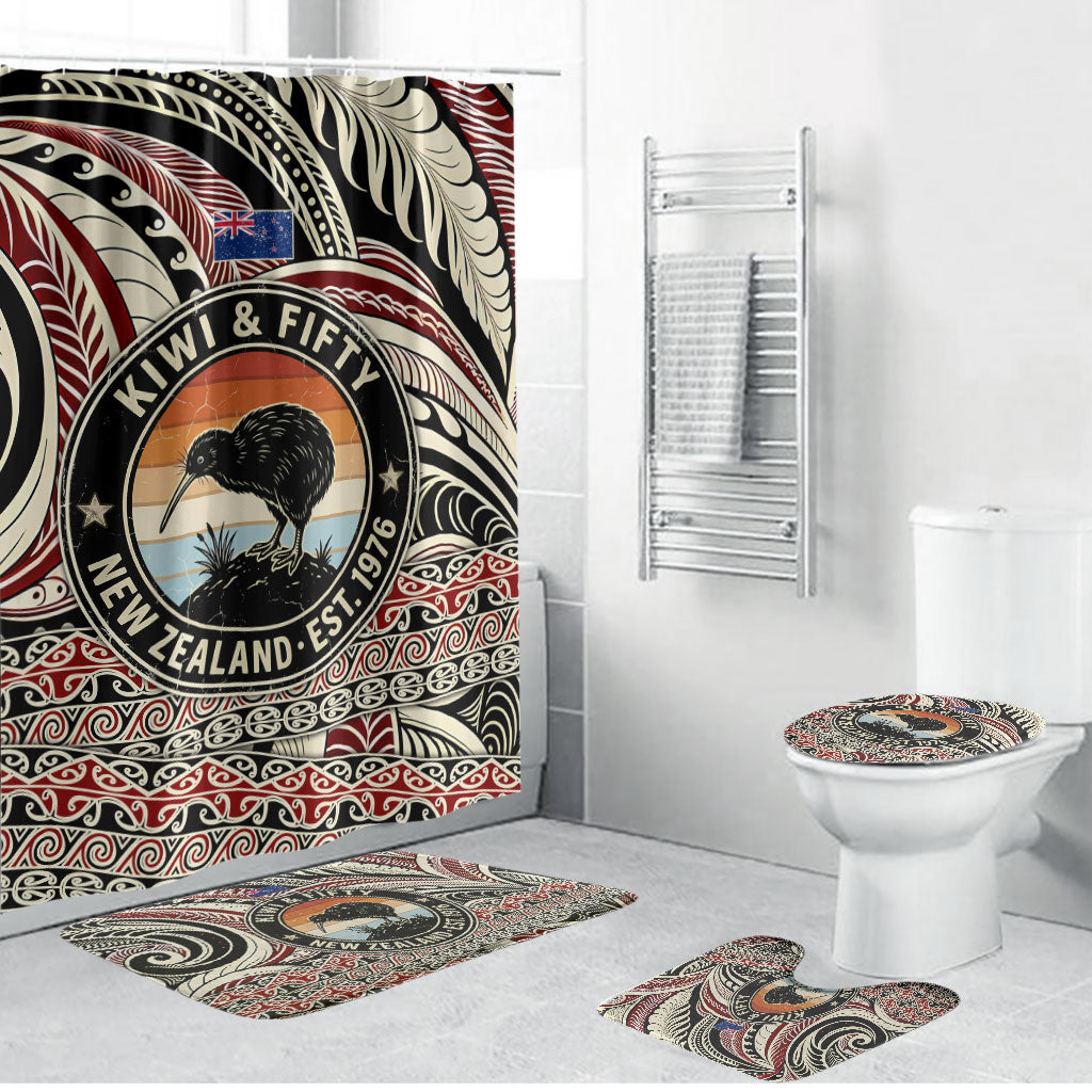 New Zealand 50th Birthday Kiwi Bathroom Set Vintage Est 1976 Kiwi Sunset Maori TS04 Bathroom Set (4 pcs) Red Beige - Polynesian Pride