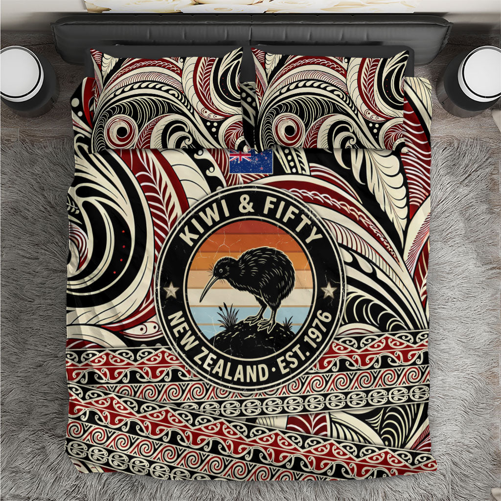 New Zealand 50th Birthday Kiwi Bedding Set Vintage Est 1976 Kiwi Sunset Maori TS04 Red Beige - Polynesian Pride