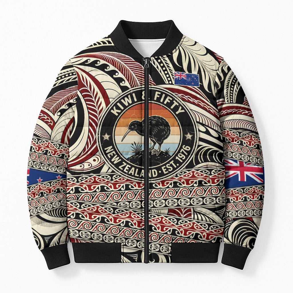 New Zealand 50th Birthday Kiwi Bomber Puffer Jacket Vintage Est 1976 Kiwi Sunset Maori TS04 Unisex Red Beige - Polynesian Pride