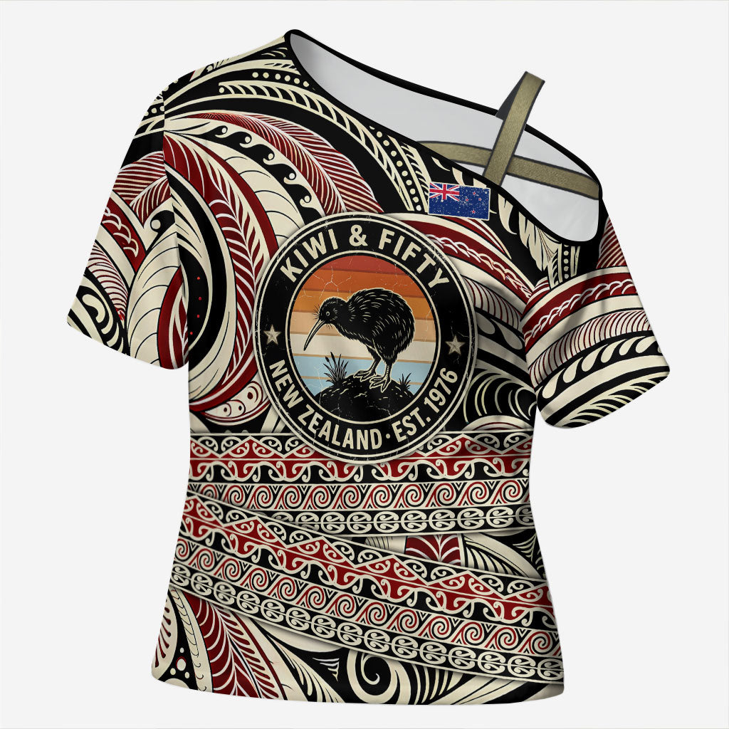 New Zealand 50th Birthday Kiwi Cross Shoulder Shirt Vintage Est 1976 Kiwi Sunset Maori TS04 Female Red Beige - Polynesian Pride
