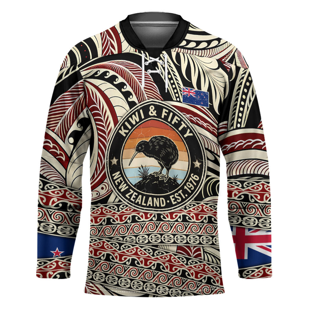 New Zealand 50th Birthday Kiwi Hockey Jersey Vintage Est 1976 Kiwi Sunset Maori TS04 Unisex Red Beige - Polynesian Pride