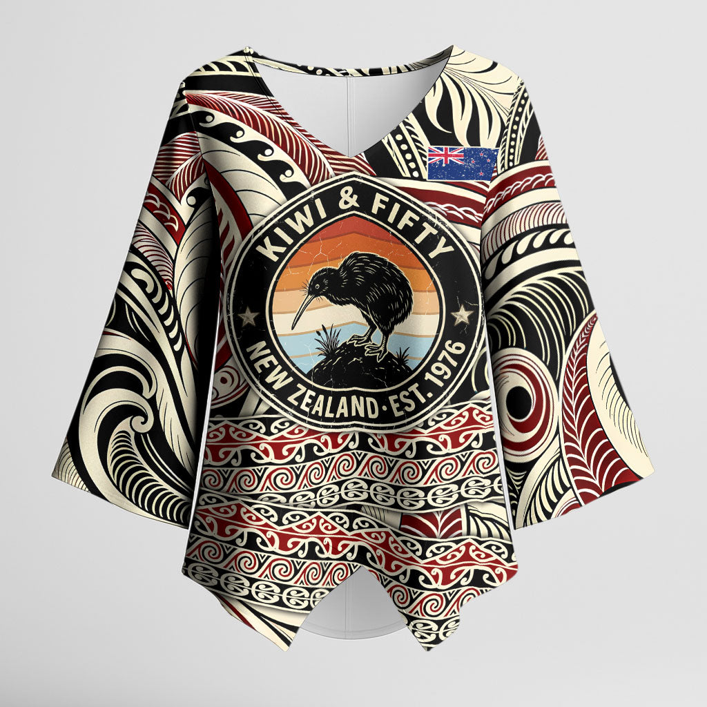 New Zealand 50th Birthday Kiwi Kimono Sleeve Blouse Vintage Est 1976 Kiwi Sunset Maori TS04 Female Red Beige - Polynesian Pride