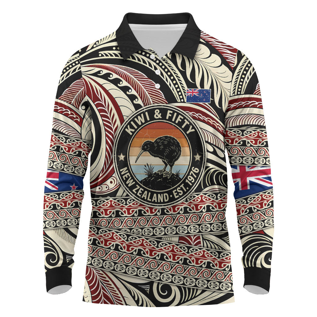 New Zealand 50th Birthday Kiwi Long Sleeve Polo Shirt Vintage Est 1976 Kiwi Sunset Maori TS04 Red Beige - Polynesian Pride