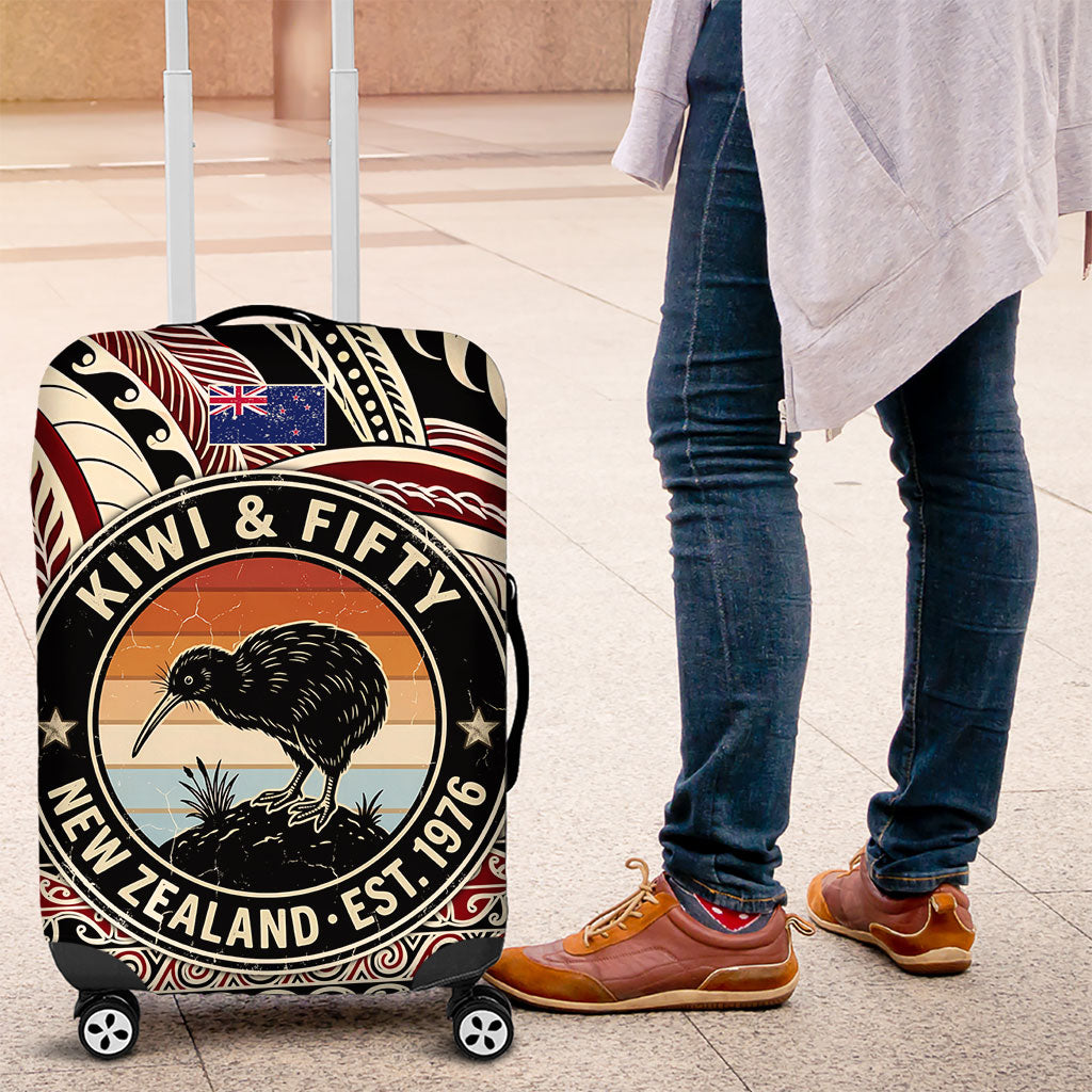 New Zealand 50th Birthday Kiwi Luggage Cover Vintage Est 1976 Kiwi Sunset Maori TS04 Red Beige - Polynesian Pride