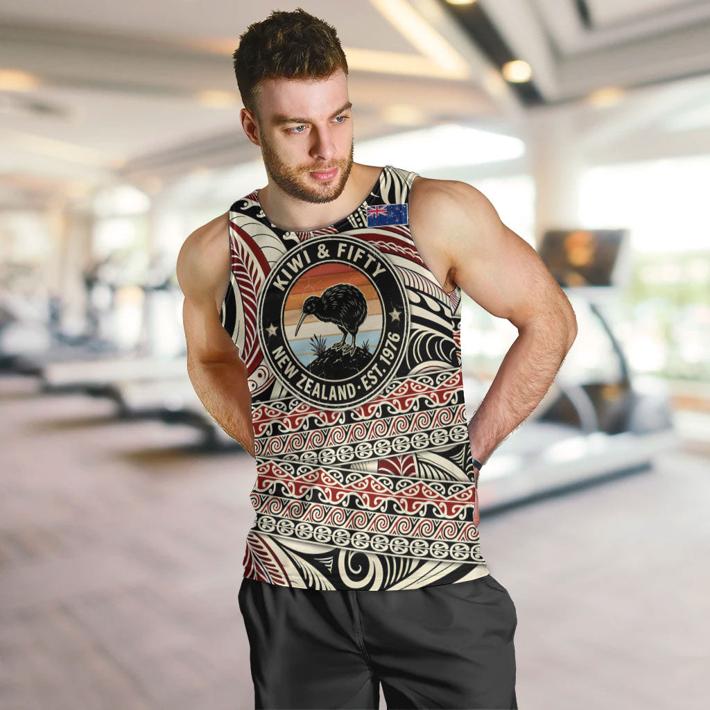 New Zealand 50th Birthday Kiwi Men Tank Top Vintage Est 1976 Kiwi Sunset Maori TS04 Red Beige - Polynesian Pride