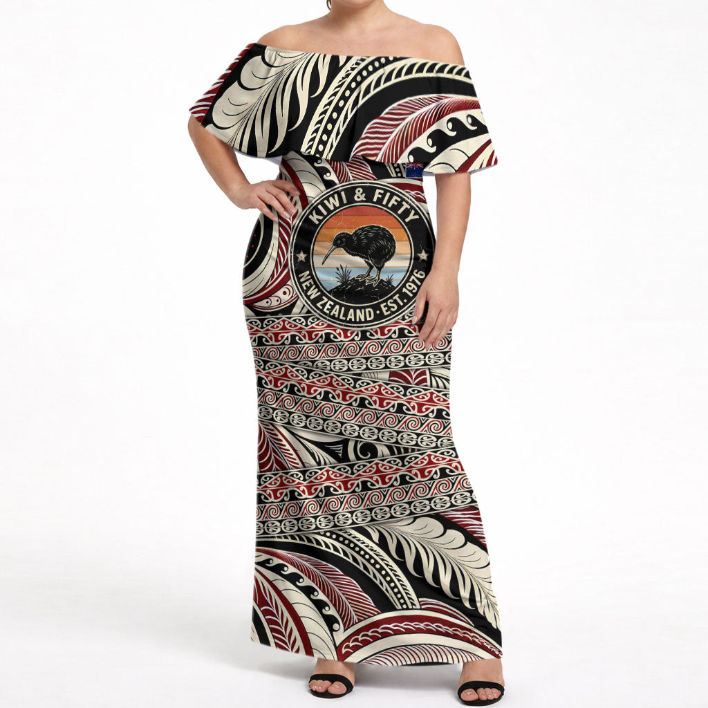 New Zealand 50th Birthday Kiwi Off Shoulder Maxi Dress Vintage Est 1976 Kiwi Sunset Maori TS04 Women Red Beige - Polynesian Pride