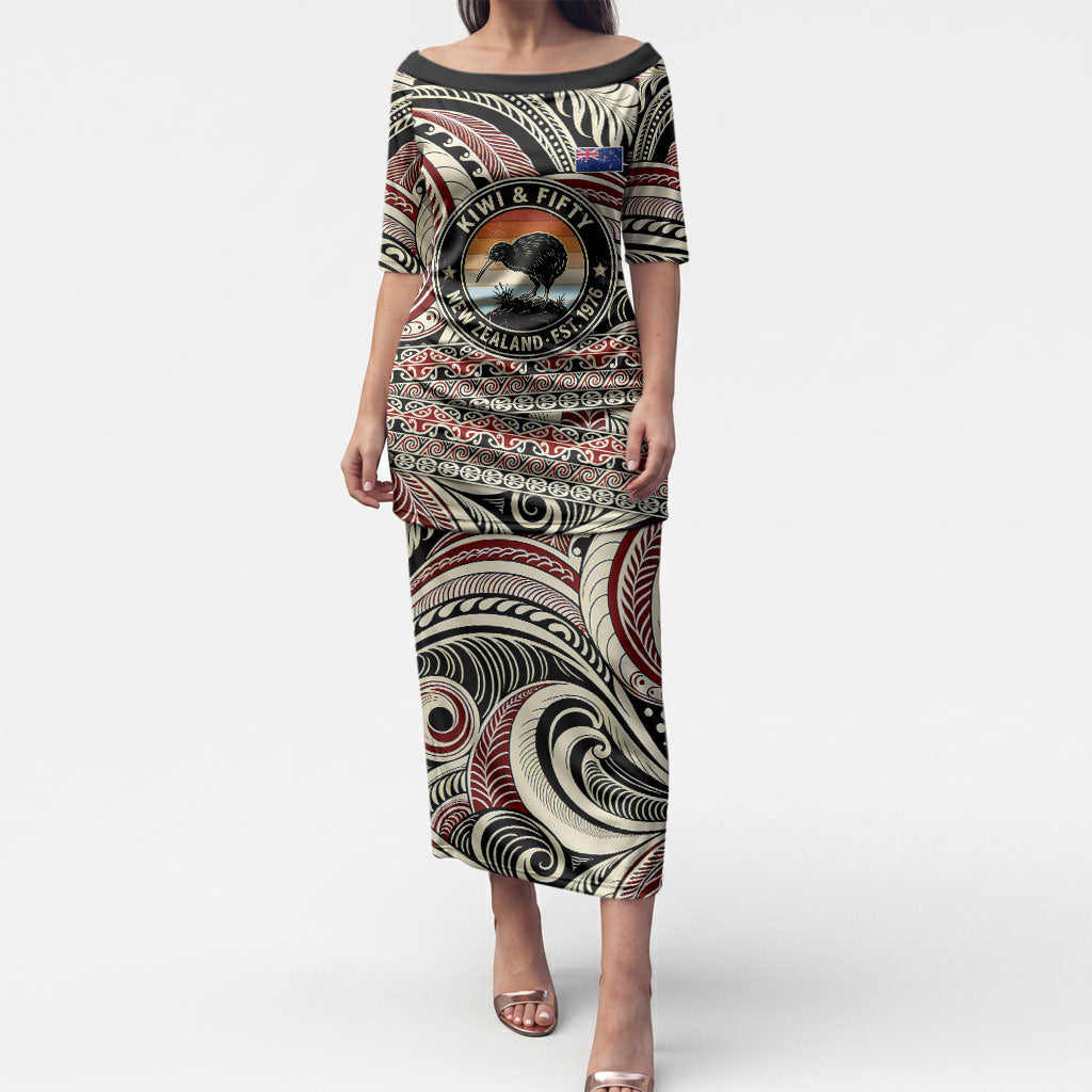 New Zealand 50th Birthday Kiwi Puletasi Vintage Est 1976 Kiwi Sunset Maori TS04 Long Dress Red Beige - Polynesian Pride