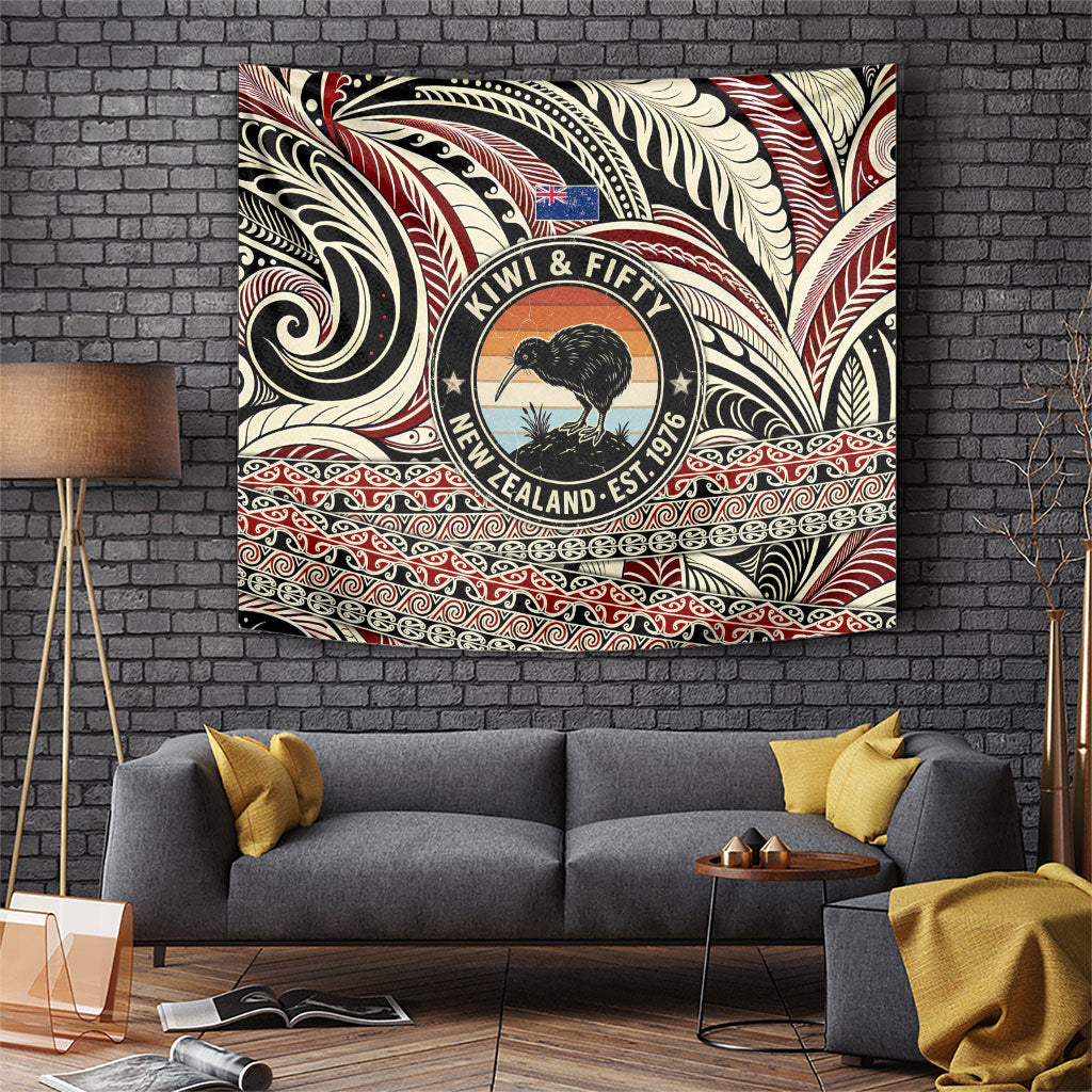 New Zealand 50th Birthday Kiwi Tapestry Vintage Est 1976 Kiwi Sunset Maori TS04 Red Beige - Polynesian Pride