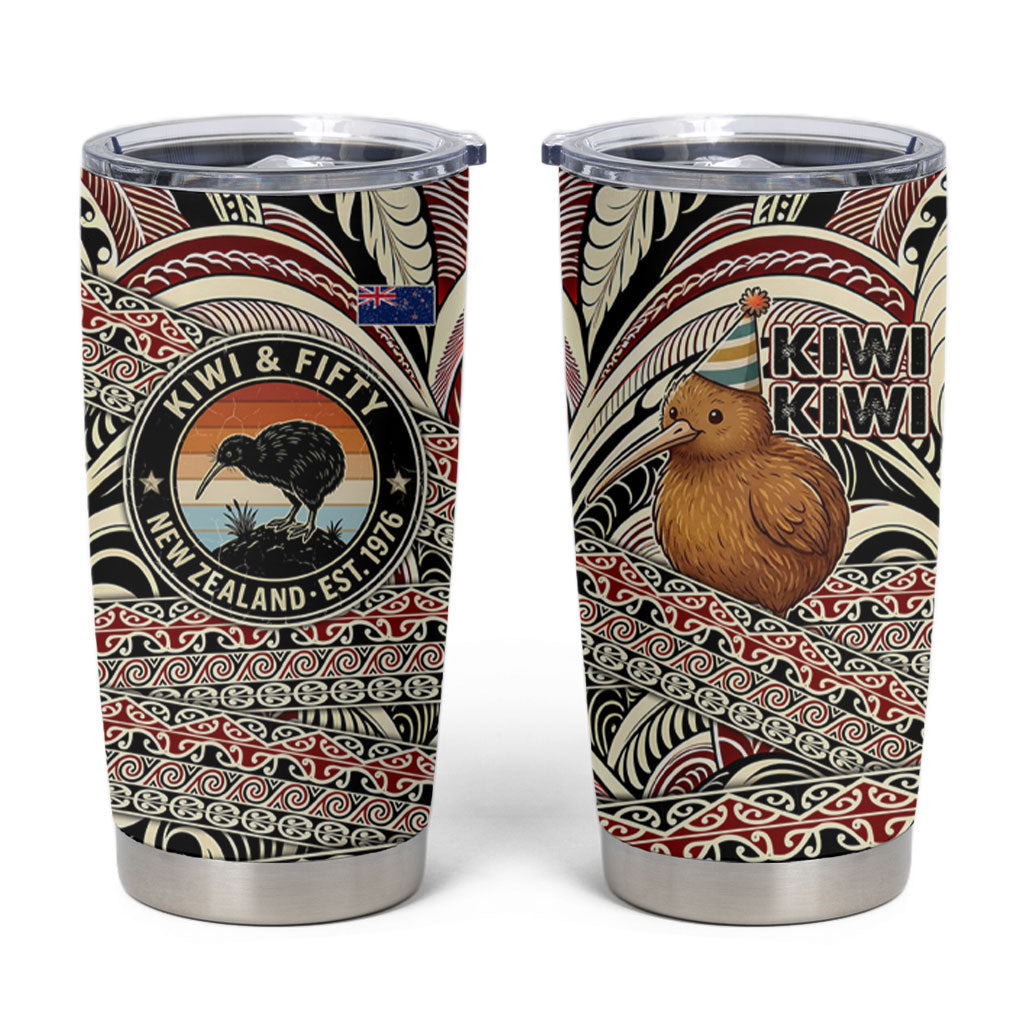 New Zealand 50th Birthday Kiwi Tumbler Cup Vintage Est 1976 Kiwi Sunset Maori TS04 Red Beige - Polynesian Pride
