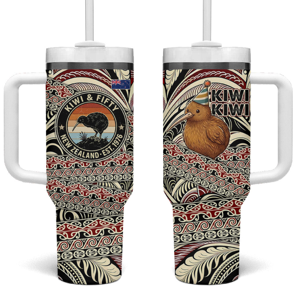 New Zealand 50th Birthday Kiwi Tumbler With Handle Vintage Est 1976 Kiwi Sunset Maori TS04 One Size: 40 oz Red Beige - Polynesian Pride