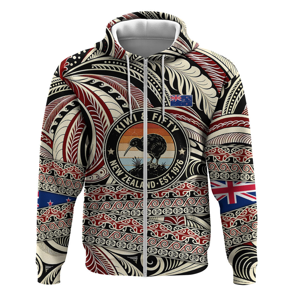 New Zealand 50th Birthday Kiwi Zip Hoodie Vintage Est 1976 Kiwi Sunset Maori TS04 Zip Hoodie Red Beige - Polynesian Pride