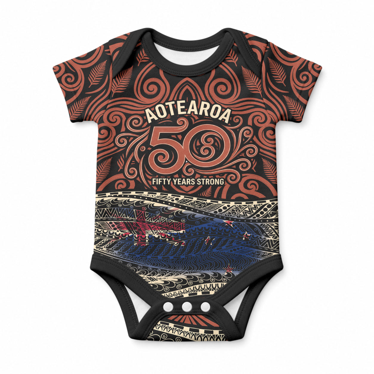 Personalised New Zealand 50th Birthday Baby Onesie Aotearoa Tribal Pattern Silver Fern Flag TS04 Red Black - Polynesian Pride