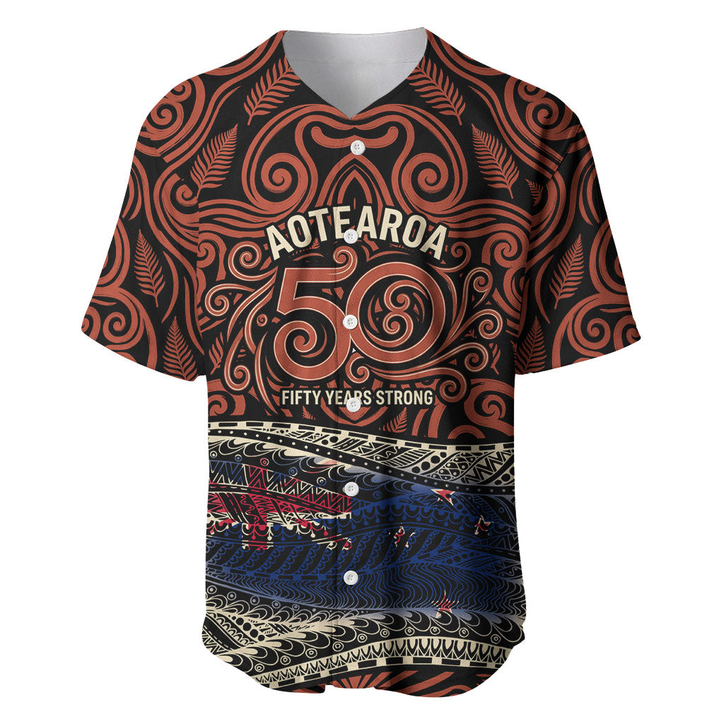 Personalised New Zealand 50th Birthday Baseball Jersey Aotearoa Tribal Pattern Silver Fern Flag TS04 Red Black - Polynesian Pride