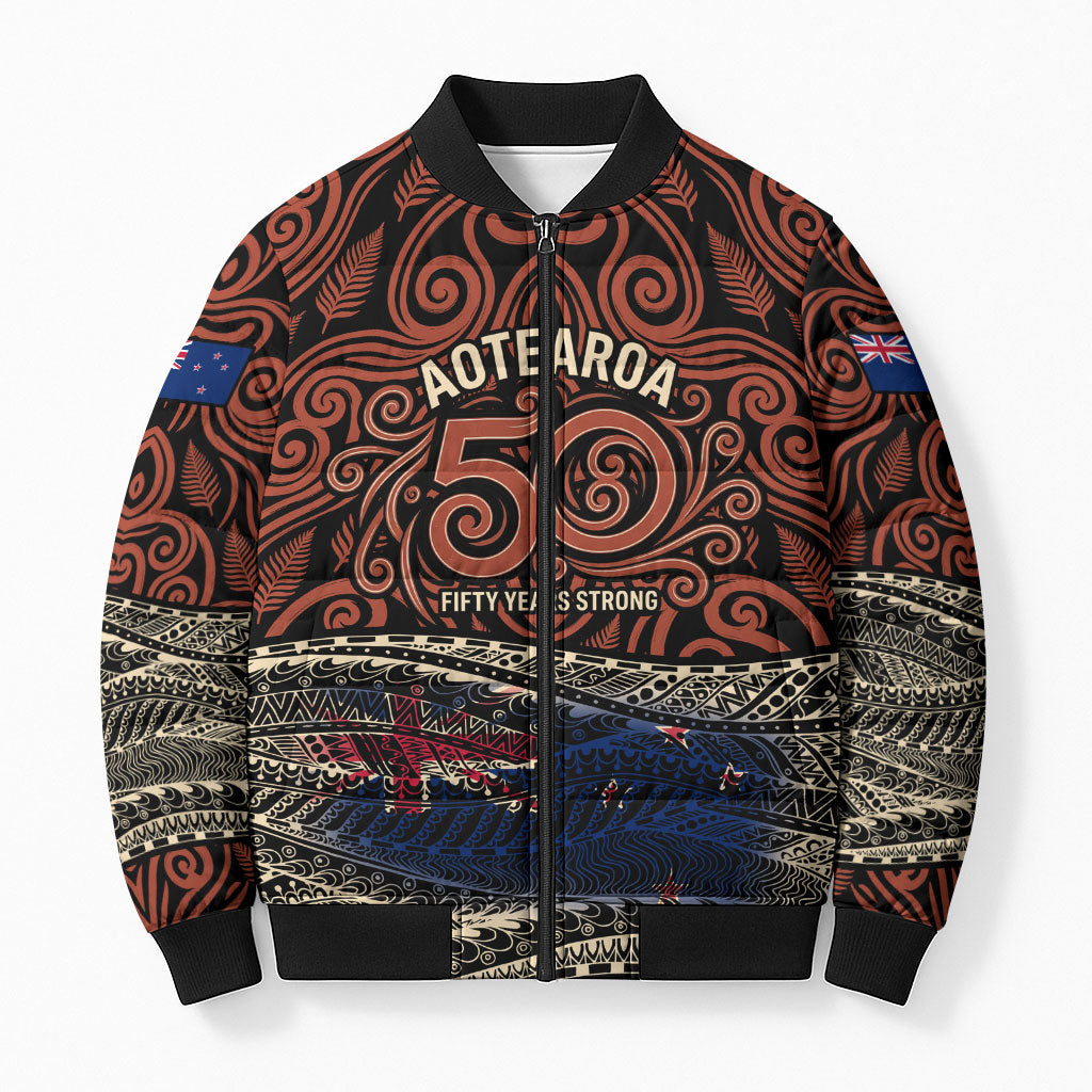 Personalised New Zealand 50th Birthday Bomber Puffer Jacket Aotearoa Tribal Pattern Silver Fern Flag TS04 Unisex Red Black - Polynesian Pride