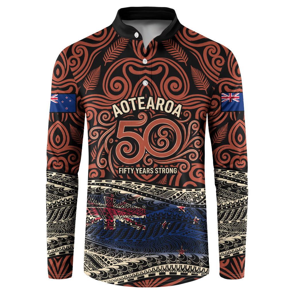 Personalised New Zealand 50th Birthday Button Sweatshirt Aotearoa Tribal Pattern Silver Fern Flag TS04 Red Black - Polynesian Pride