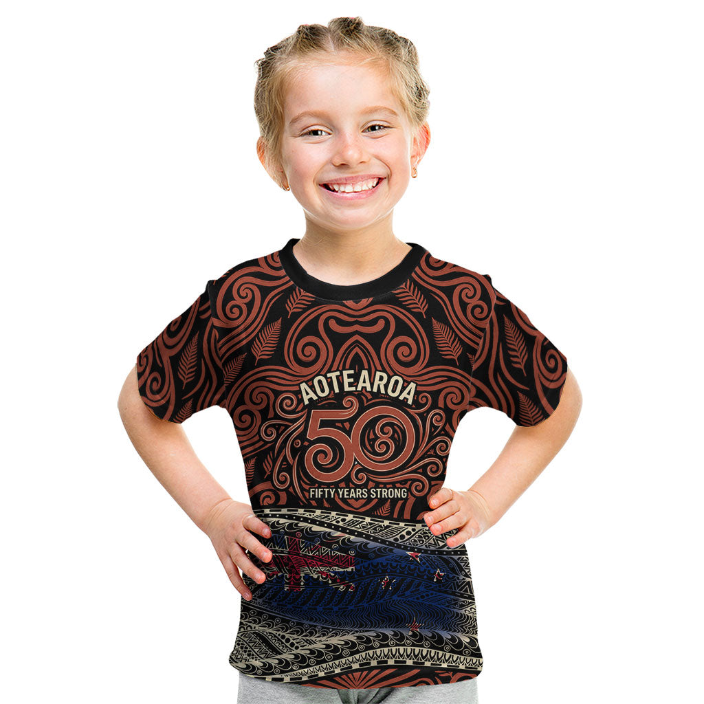Personalised New Zealand 50th Birthday Kid T Shirt Aotearoa Tribal Pattern Silver Fern Flag TS04 Red Black - Polynesian Pride