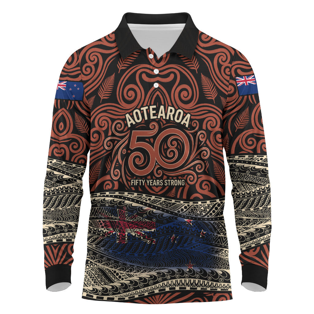 Personalised New Zealand 50th Birthday Long Sleeve Polo Shirt Aotearoa Tribal Pattern Silver Fern Flag TS04 Red Black - Polynesian Pride
