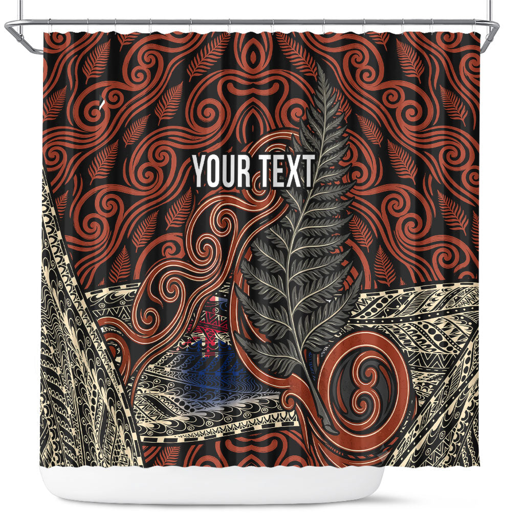 Personalised New Zealand 50th Birthday Shower Curtain Aotearoa Tribal Pattern Silver Fern Flag TS04 Red Black - Polynesian Pride