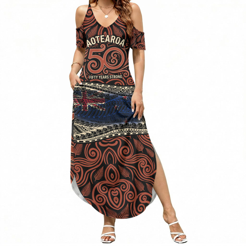 Personalised New Zealand 50th Birthday Summer Maxi Dress Aotearoa Tribal Pattern Silver Fern Flag TS04 Women Red Black - Polynesian Pride