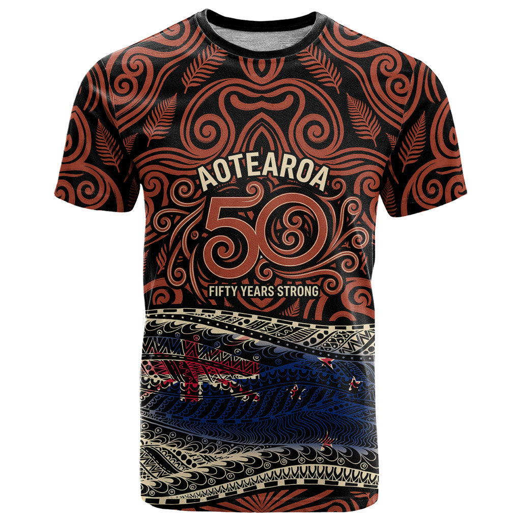 Personalised New Zealand 50th Birthday T Shirt Aotearoa Tribal Pattern Silver Fern Flag TS04 Red Black - Polynesian Pride