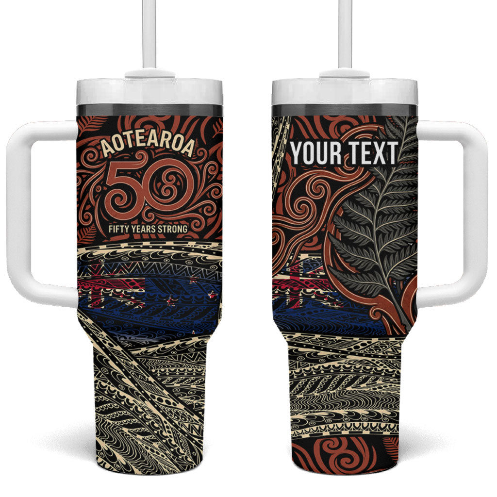 Personalised New Zealand 50th Birthday Tumbler With Handle Aotearoa Tribal Pattern Silver Fern Flag TS04 One Size: 40 oz Red Black - Polynesian Pride