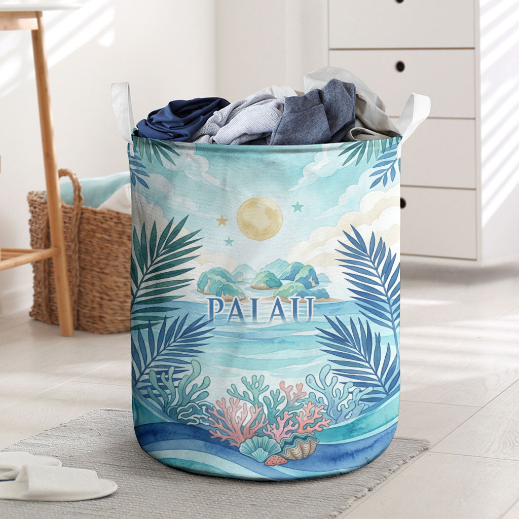 Palau Islands Of Wonder Natural Nature Laundry Basket Watercolor Tropical Beach Waterfall Coral Reef Palm Leaves TS04 Blue Green - Polynesian Pride