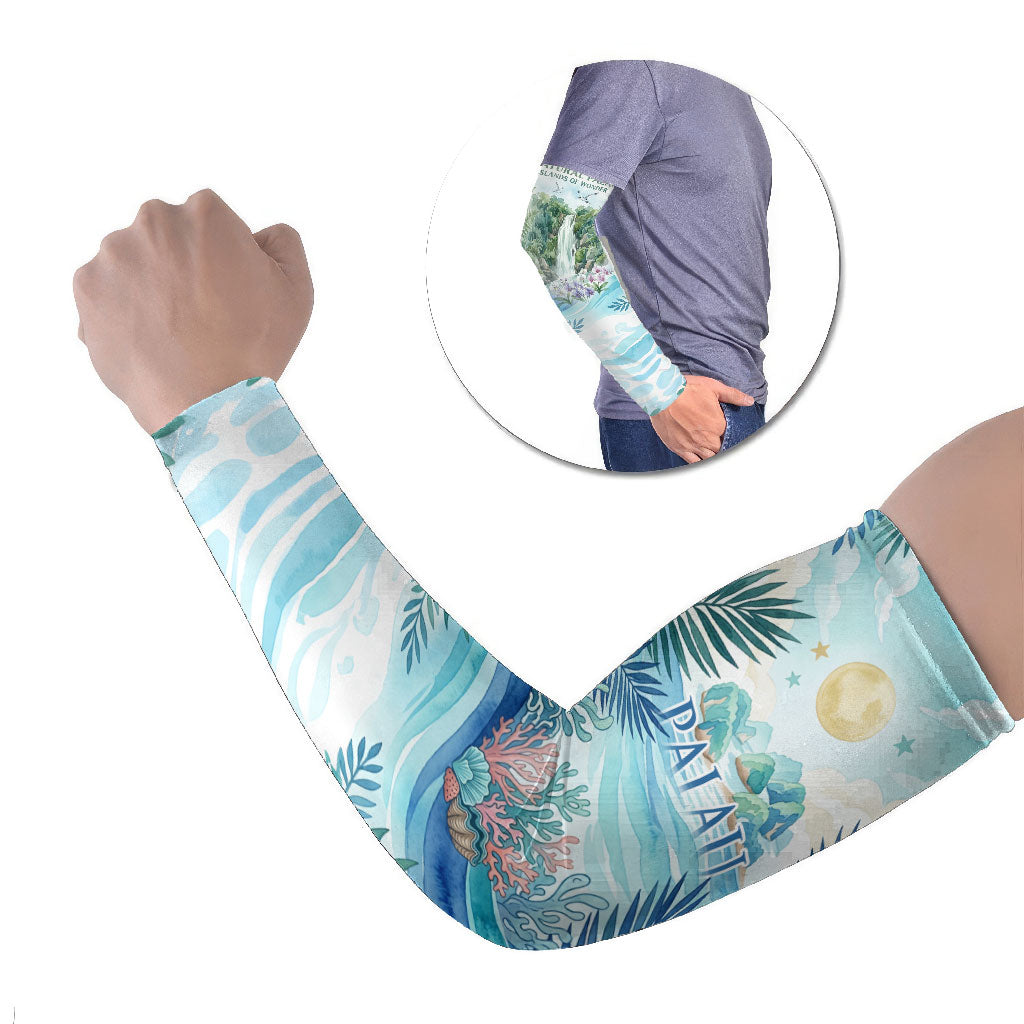 Palau Islands Of Wonder Natural Nature Arm Sleeves Watercolor Tropical Beach Waterfall Coral Reef Palm Leaves TS04 Set of 2 Blue Green - Polynesian Pride