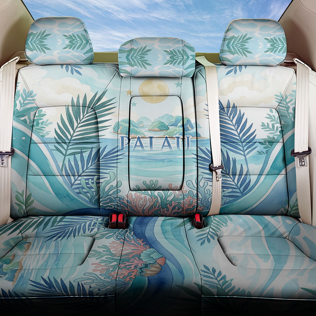 Palau Islands Of Wonder Natural Nature Back Car Seat Cover Watercolor Tropical Beach Waterfall Coral Reef Palm Leaves TS04 One Size Blue Green - Polynesian Pride