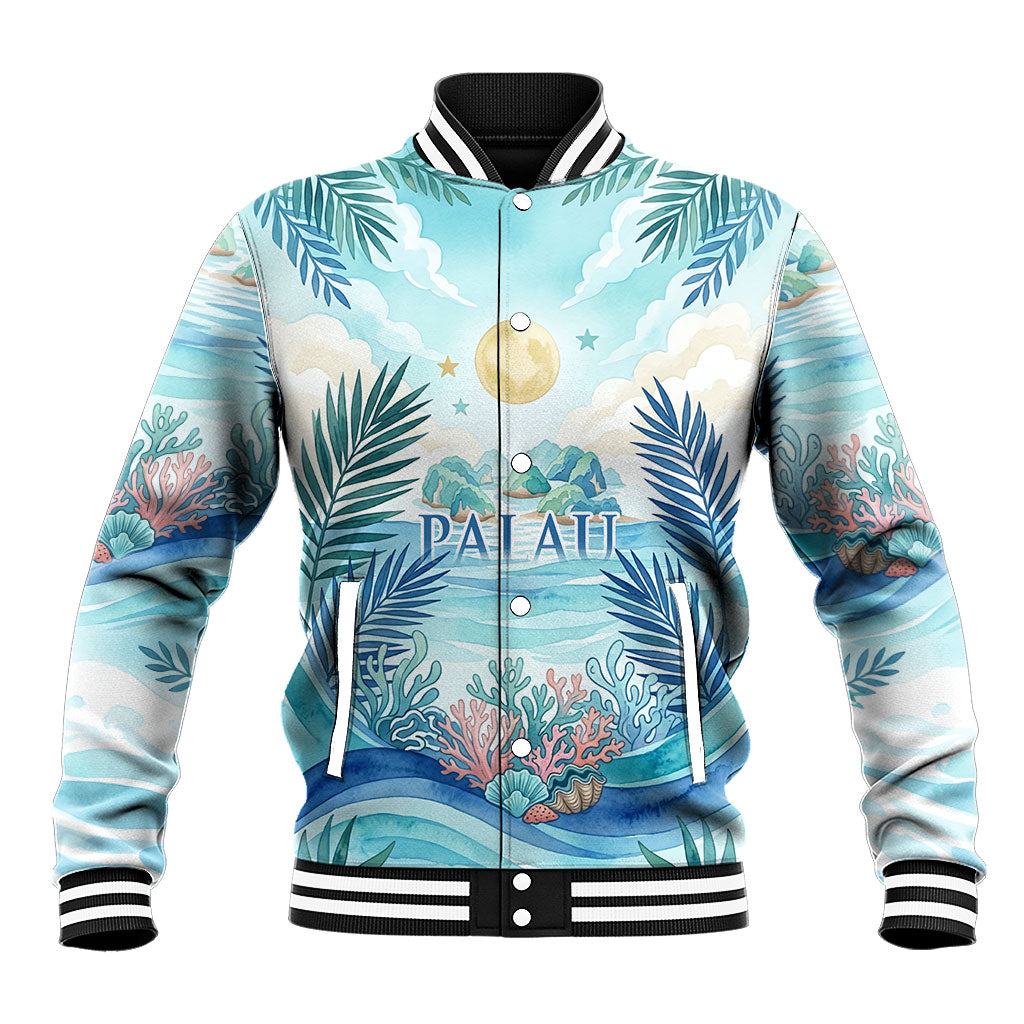 Palau Islands Of Wonder Natural Nature Baseball Jacket Watercolor Tropical Beach Waterfall Coral Reef Palm Leaves TS04 Unisex Blue Green - Polynesian Pride